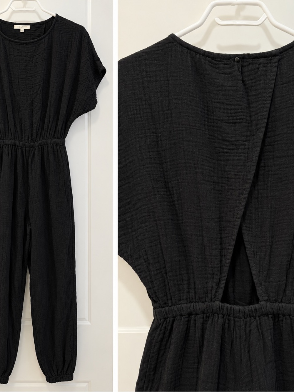 Z Supply Black Textured Short-Sleeve Jumpsuit with Elastic Waist